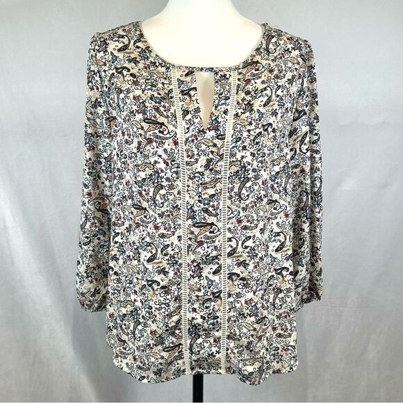 White long sleeve keyhole all over paisley print blouse top size medium - Picture 1 of 5